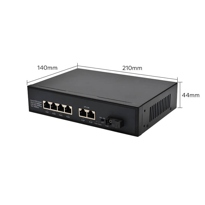 Product size :WL-SF421P | Unmanaged 10/100mbps 4 Port PoE Switch with Fiber Uplink