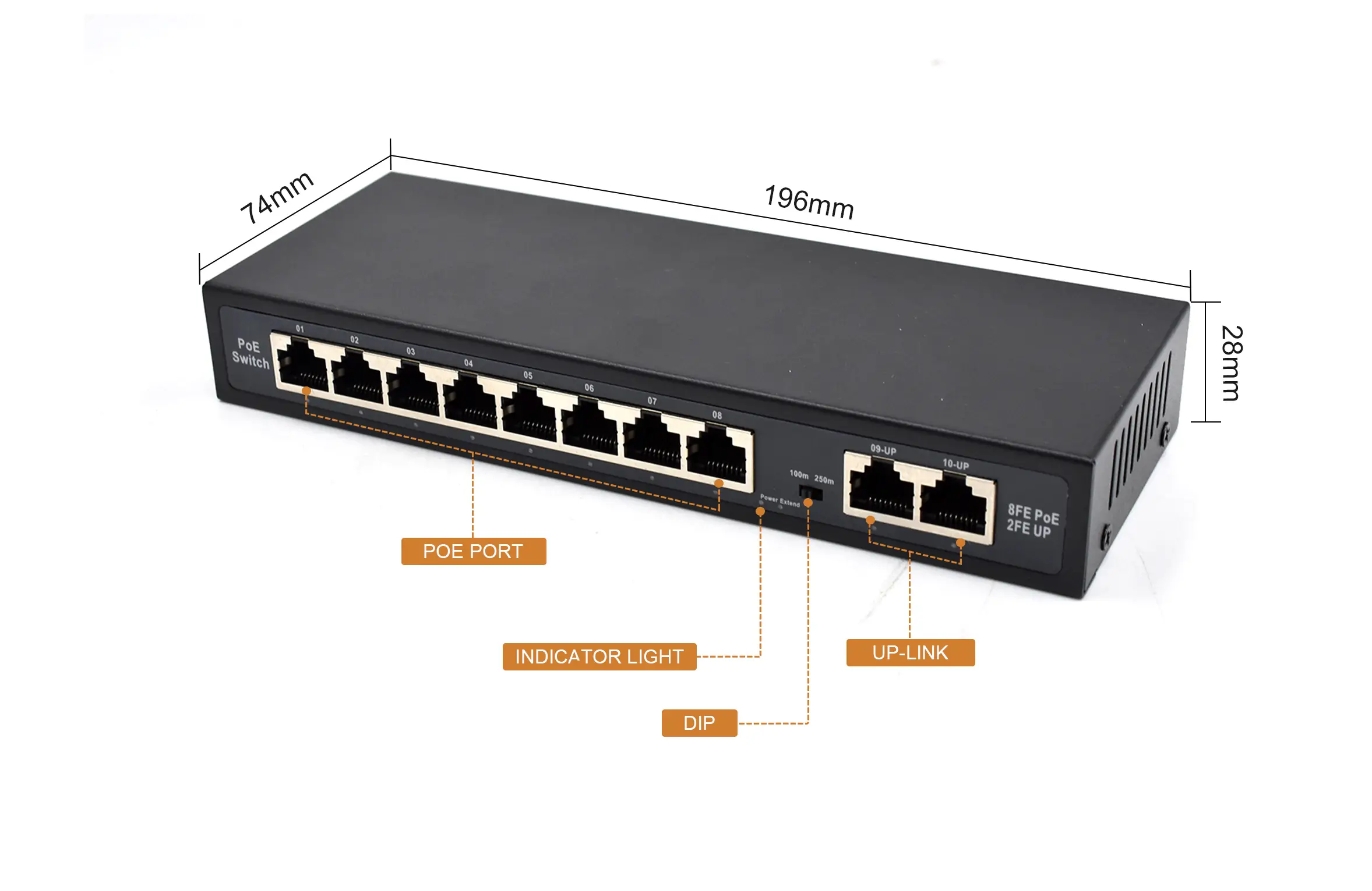 size: SF82P-E | Unmanaged Fast ethernet 8 port switch poe with 2 uplink