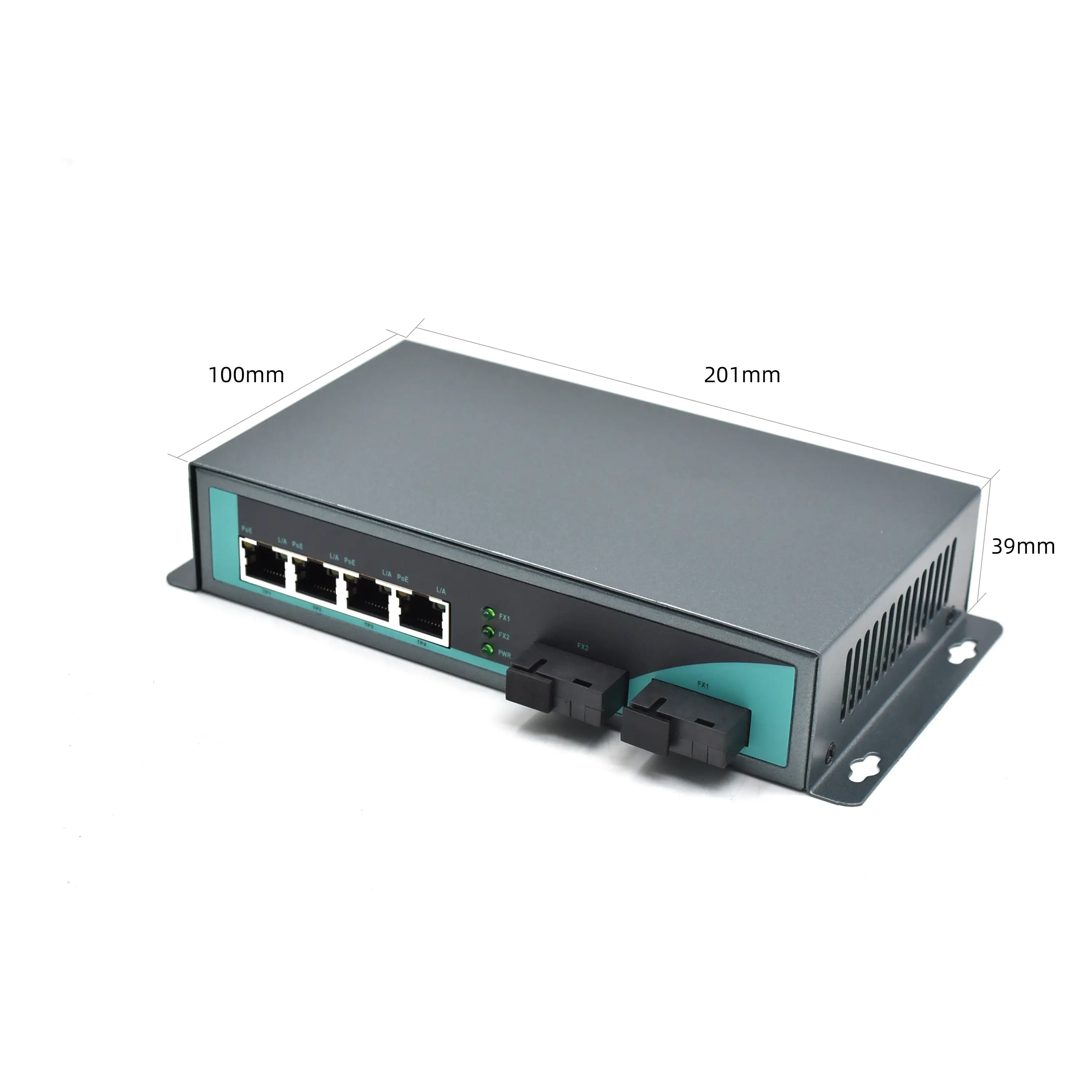 Product size: CG402P | Gigabit PoE 4 port fiber media converter 2 SC fiber port